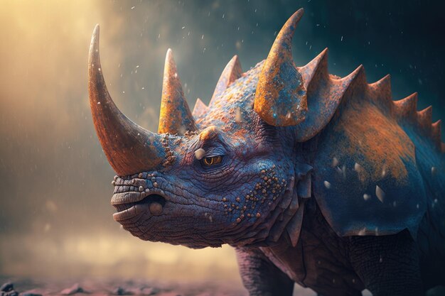 Kosmoceratops kleurrijke gevaarlijke dinosaurus in weelderige prehistorische natuur door Generative AI