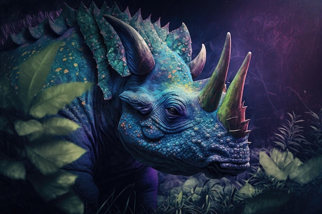 Kosmoceratops kleurrijke gevaarlijke dinosaurus in weelderige prehistorische natuur door Generative AI