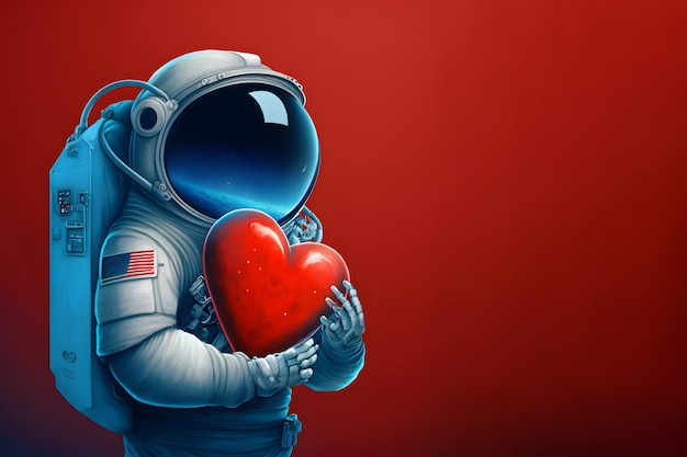 Kosmonaut in ruimtepak met rood hart neuraal netwerk gegenereerde kunst