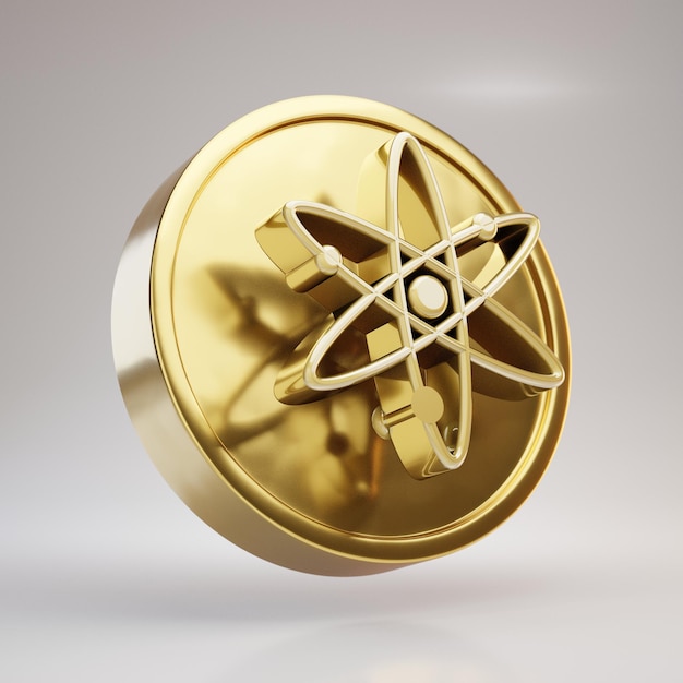 Kosmos cryptocurrency munt. Gouden 3d teruggegeven munt met Kosmos-symbool dat op witte achtergrond wordt geïsoleerd.