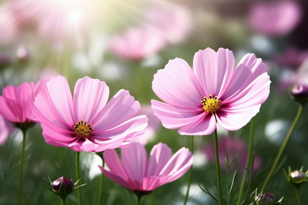 Kosmosbloemen bloeien in de tuin met zonlicht Natuurlijke bloemenachtergrond