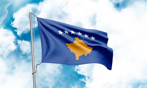 Kosovo flag waving on sky background 3D Rendering