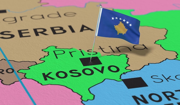 Photo kosovo pristina national flag pinned on political map 3d illustration