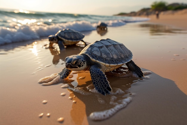 Kostbare baby schildpadden zetten hun eerste stappen op een zandstrand