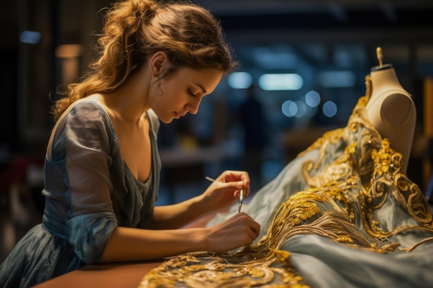 Kostuumontwerper naait nauwgezet ingewikkelde details op een historisch kostuum