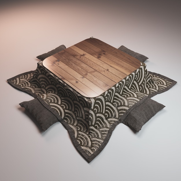 Kotatsu 낮은 테이블 일본식과 흰색 배경에 베개.