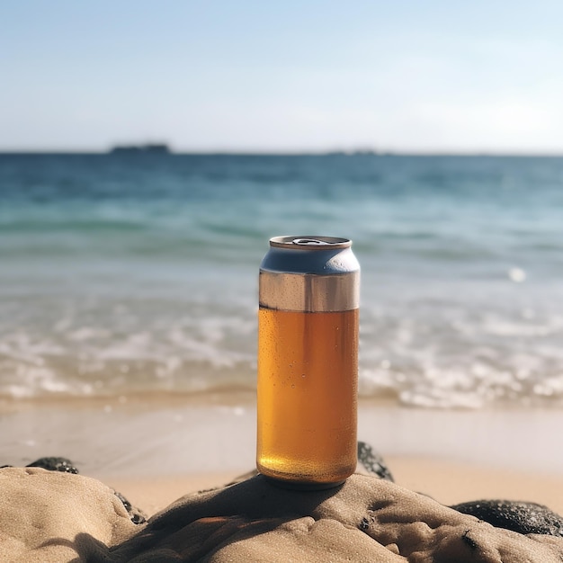 Koud beneveld blikje vers bier bedekt met waterdruppels op het strand tegen de achtergrond van de zee