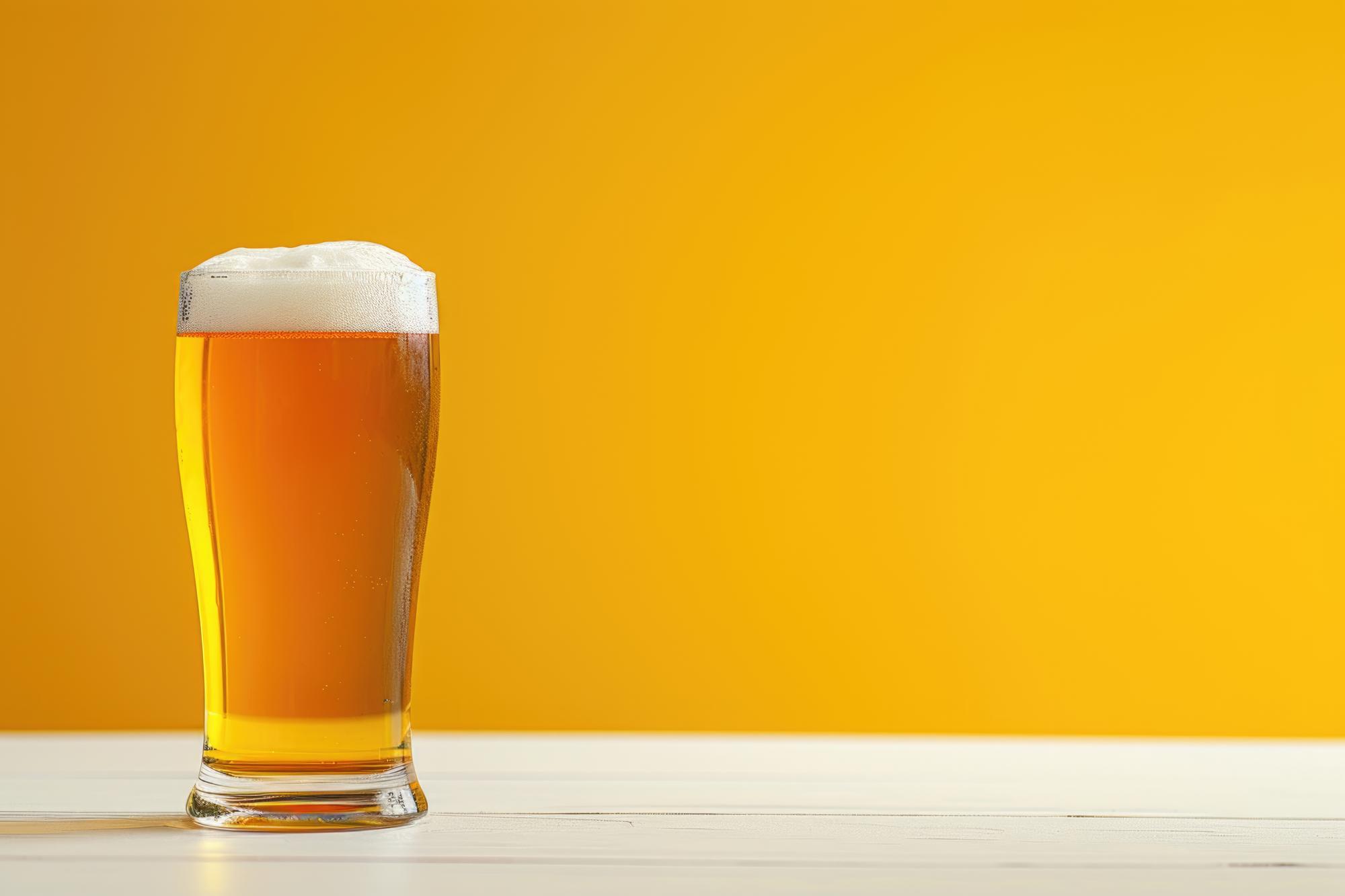 Koud bier geserveerd in een glas met wit schuim op een witte tafel en gele achtergrond geen mensen