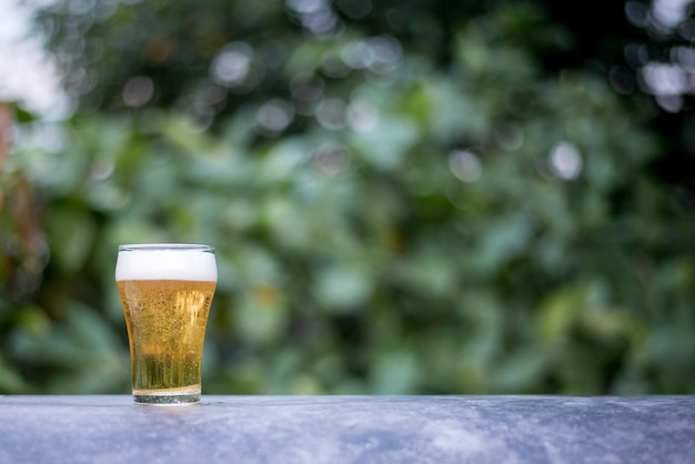 Koud bier geserveerd in kruiken op de natuurlijke achtergrond