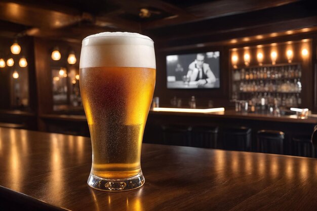 Koud bier in een glas close-up in een donkere pub met een zonsondergang licht op het bier banner