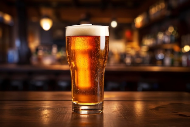 Koud bier in een glas op een houten bar.