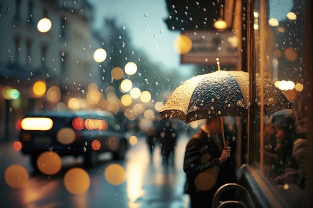 Koud en regenachtig weer in stadsmensen verstoppen zich onder paraplu's AI generatief sfeerbeeld