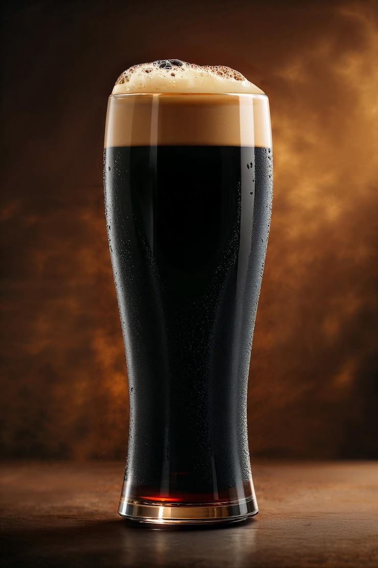 Foto koud glas donker bier met schuim op bruine achtergrond
