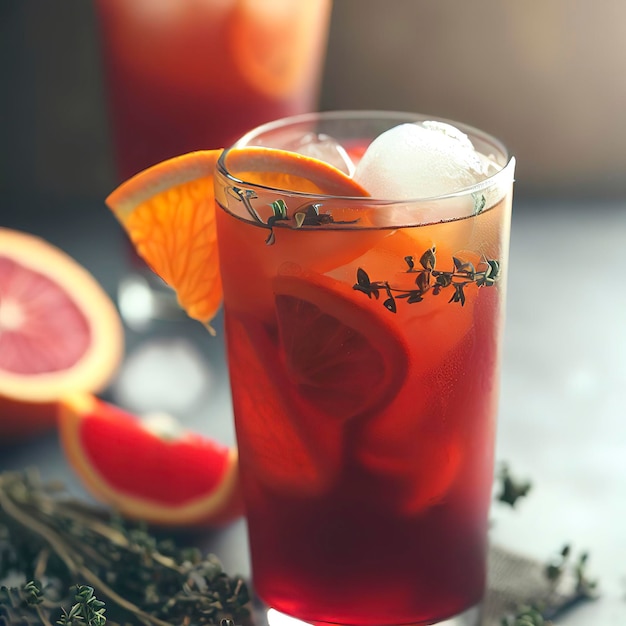 Koud verfrissend zomerdrankje met rode sinaasappel en tijm