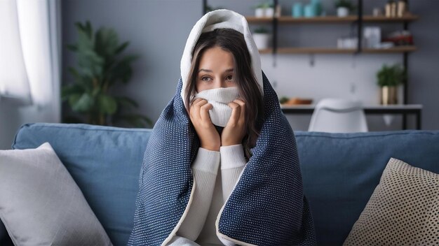 Koude huisvrouw bedekt met deken bevriezen op de bank in de woonkamer