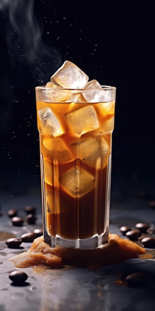 Koude koffie met siroop in een glas met ijs op een donkere achtergrond generatieve ai