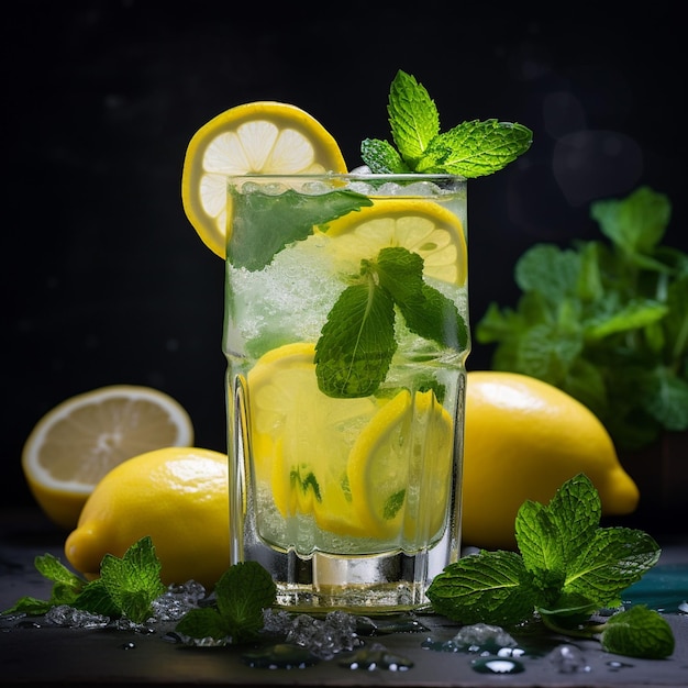 Foto koude limonade met ijscitroen en munt