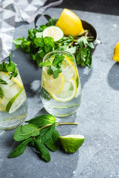 Koude limonade met munt, citroen en limoen in een glas. Bereiding van limonade