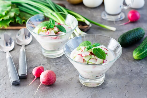 Koude soep met groenten, kruiden en kefir