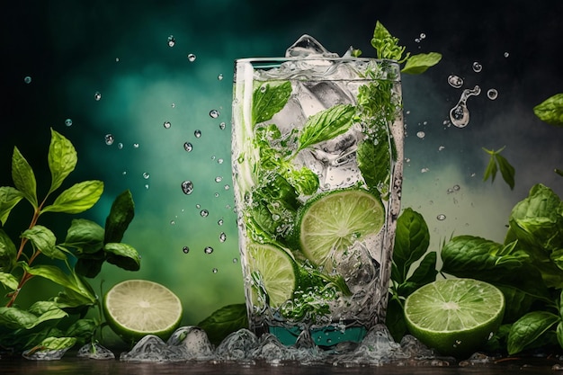 Koude verse mojito met ijsmunt en limoen in een glaszomers drankje illustratie Generatieve AI