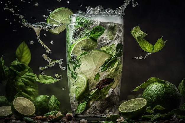 Koude verse mojito met ijsmunt en limoen in een glaszomers drankje illustratie Generatieve AI