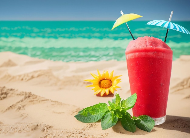 Koude watermeloen gladde kopie ruimte een paraplu op zand tafel in het strand achtergrond