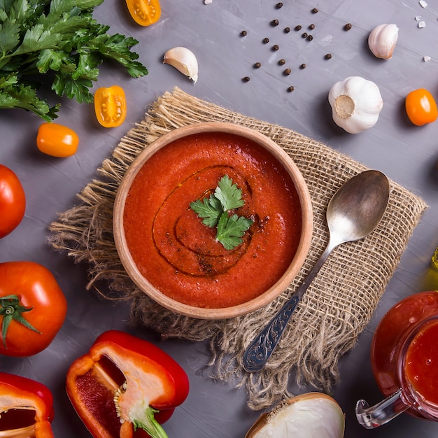 Koude zomer gerecht van tomaten gazpacho soep