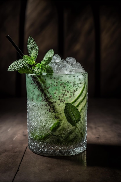 Koude zomerse mojitococktail met limoen, munt en ijs in een glas