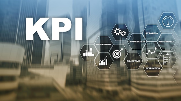 KPI 핵심 성과 지표 비즈니스 및 기술 개념 다중 노출 혼합 미디어 흐릿한 배경의 금융 개념