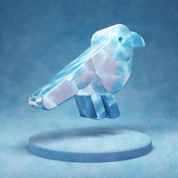 Kraai pictogram. gebarsten blauw ice crow-symbool op blauw sneeuwpodium. social media icon voor website, presentatie, ontwerpsjabloon element. 3d render.