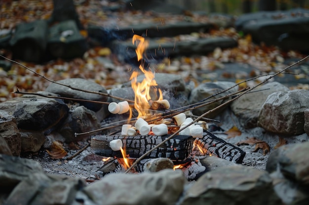 Kraakend kampvuur met roosterende marshmallows