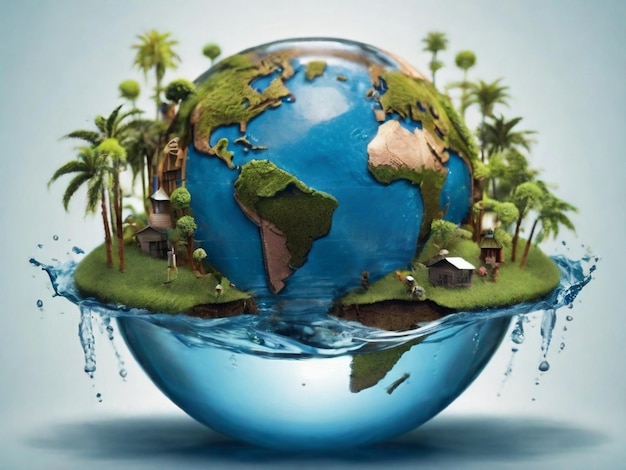 Kraan met aarde in water druppelcampagne om de mariene ecologie en het milieu te redden