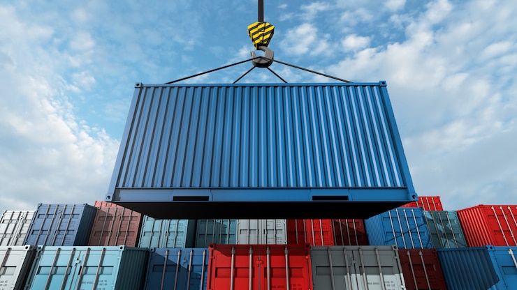 Foto kraanhaak met een lading blauwe container voor tekst