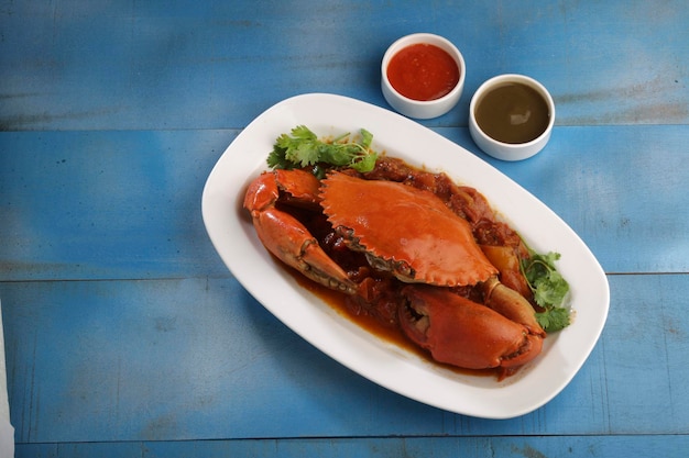 Krab masalatop uitzicht op heerlijke krab masala in pittige en smakelijke zeevruchten in restaurantstijl