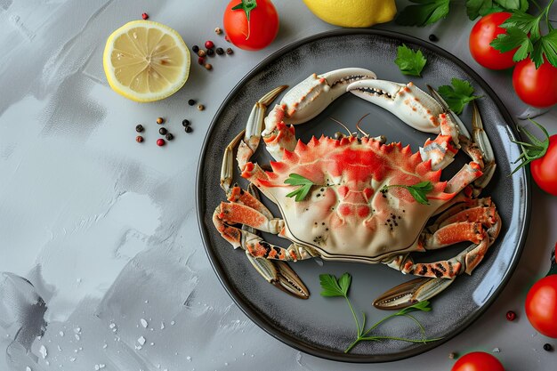 Foto krab op een bord met tomaten en citroen