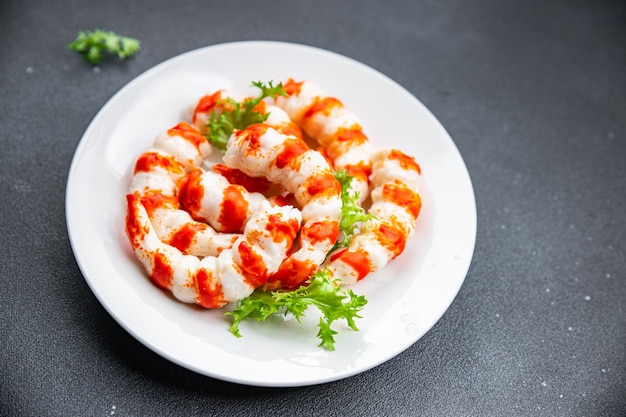 krab stick zeevruchten garnaal vorm maaltijd voedsel snack op tafel kopie ruimte voedsel achtergrond rustieke top