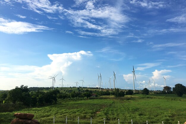 Kracht en energie van Wildmolen in het veld. Landelijk landschap met windturbines