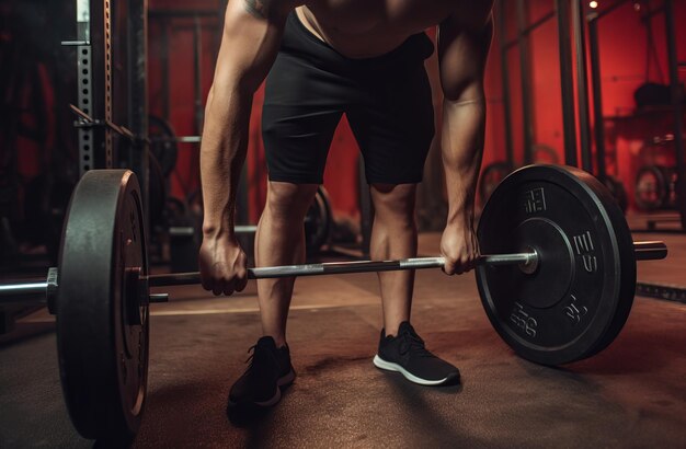 Kracht en vastberadenheid in de sportschool Een man en een lange halter