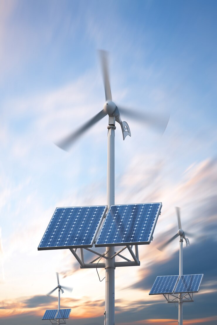 Krachtcentrale met fotovoltaïsche panelen en eolic-turbine