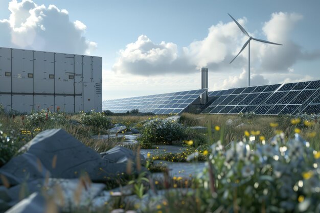 Foto krachtcentrale met fotovoltaïsche panelen en windturbine