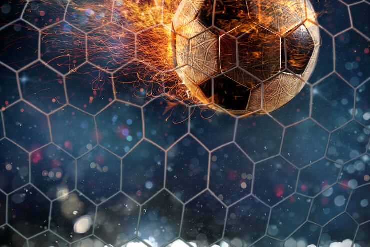 Krachtig doel met een voetbal in vlam