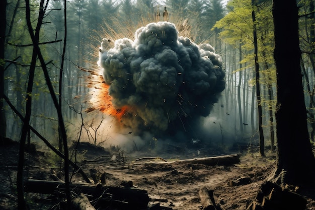 Krachtige bomexplosie in het bos of taiga Gevallen bomen vuur en vlammen Apocalyps Oorlog militaire dreiging Derde Wereldoorlog