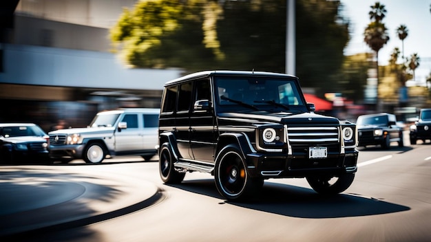 Krachtige Duitse luxe SUV-snelheid in beweging in het gouden uur van de stedelijke straat in Californië, panning shot LA