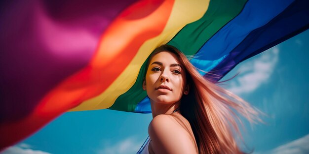 Krachtige en zelfverzekerde persoon die voor een regenboogkleurige vlag staat met de wind door hun haren en de vlag Generatieve AI