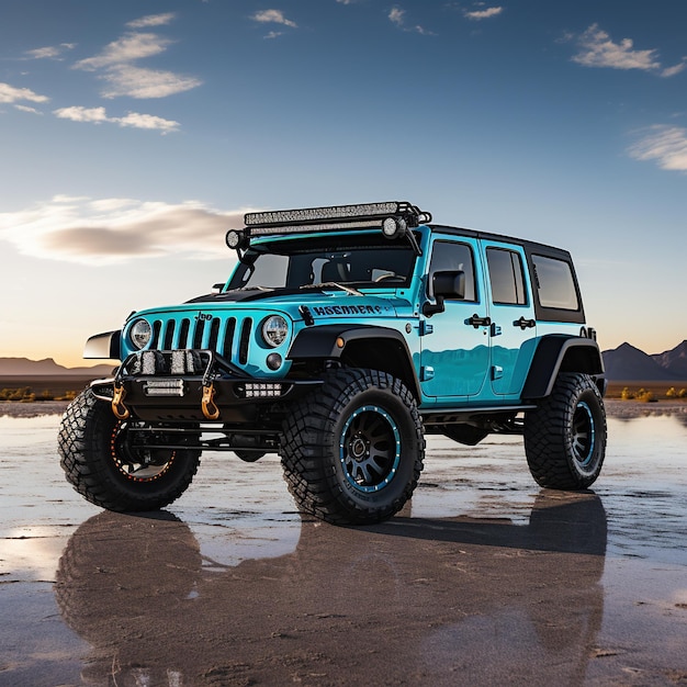 Krachtige jeep geïsoleerd op witte achtergrond voor Long Tours en Hard Ways reizen rond de bergen