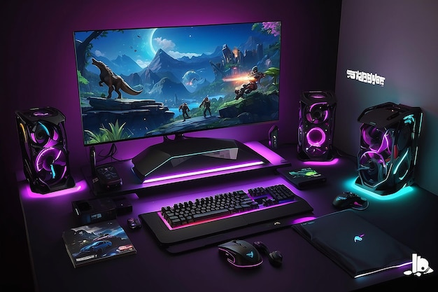 Krachtige personal computer gamer pc-opstelling gezellige kamer met modern design neonlicht