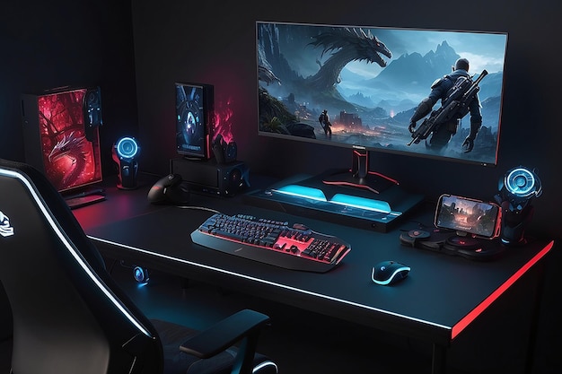 Krachtige personal computer gamer pc-opstelling gezellige kamer met modern design neonlicht