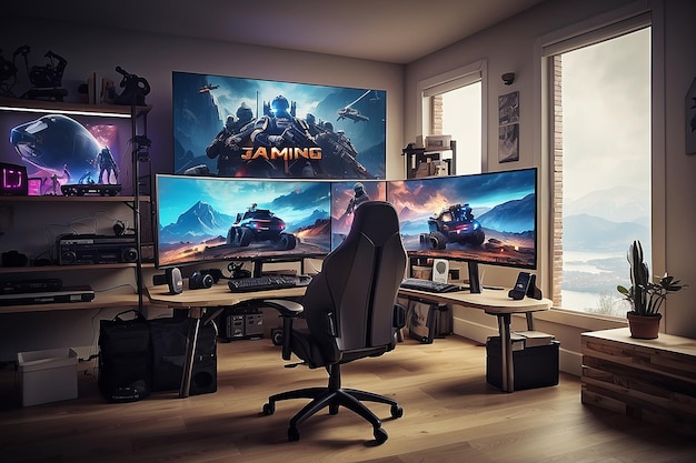 Krachtige personal computer gamer pc-opstelling gezellige kamer met modern design neonlicht