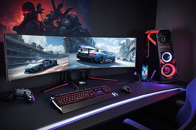 Krachtige personal computer gamer pc-opstelling gezellige kamer met modern design neonlicht