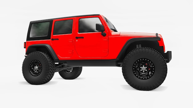 Krachtige rood getunede SUV. Grote wielen, liftophanging voor steile obstakels. 3D-rendering.